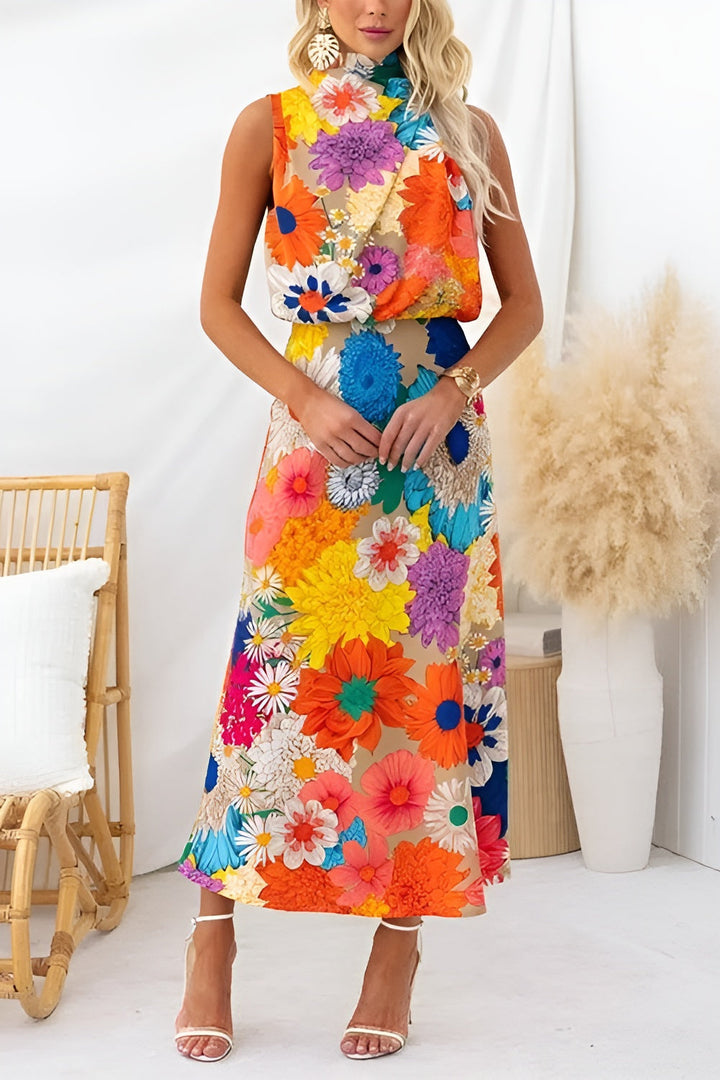 Nele | Kleid maxi ärmellos mit Taillenknoten und Blumenprint