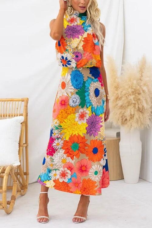 Nele | Kleid maxi ärmellos mit Taillenknoten und Blumenprint