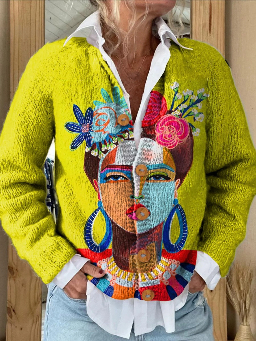 Ilse | Strickjacke mit Knöpfen und Frida-Kahlo-Porträt im Ölgemäldestil