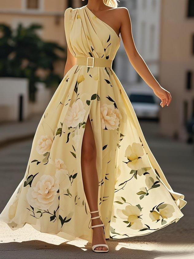 Amelie | Maxikleid Chiffon mit Blumenmuster mit freien Schultern hellgrün