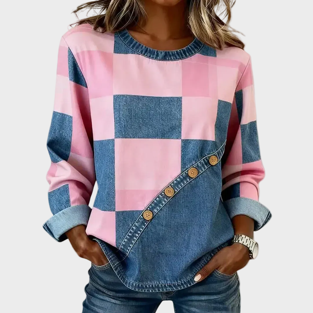 Luise | Patchwork-Pullover mit Zierknöpfen