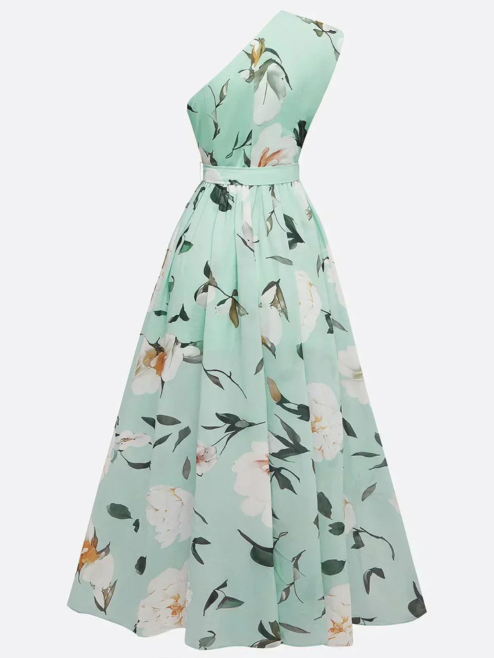 Amelie | Maxikleid Chiffon mit Blumenmuster mit freien Schultern hellgrün