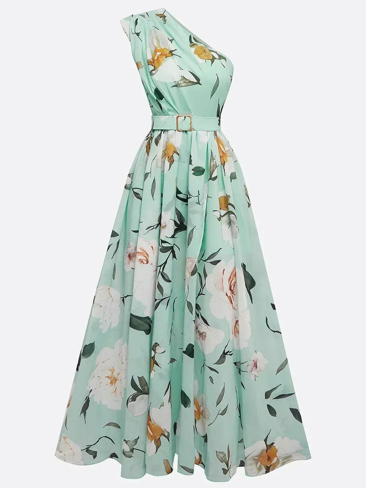 Amelie | Maxikleid Chiffon mit Blumenmuster mit freien Schultern hellgrün