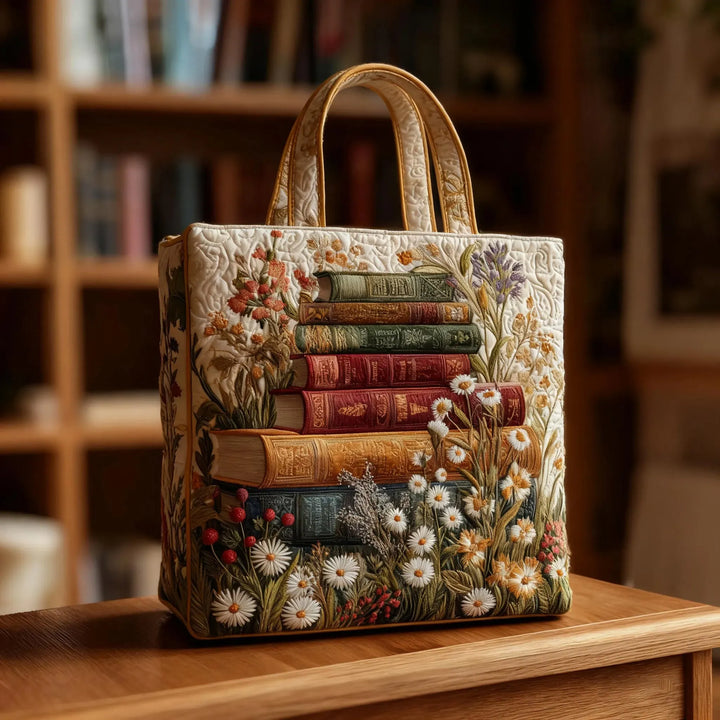 Emma | Gesteppte Tragetasche mit Motiv Bücher und Gänseblümchen