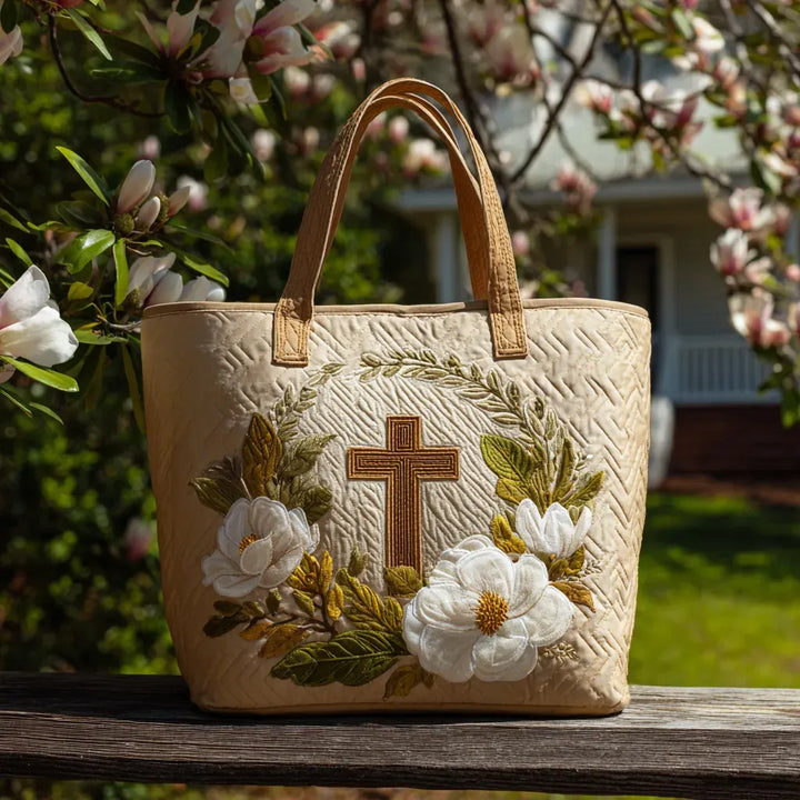 Johanna | Gesteppte Tragetasche mit Motiv Holzkreuz und Magnolien