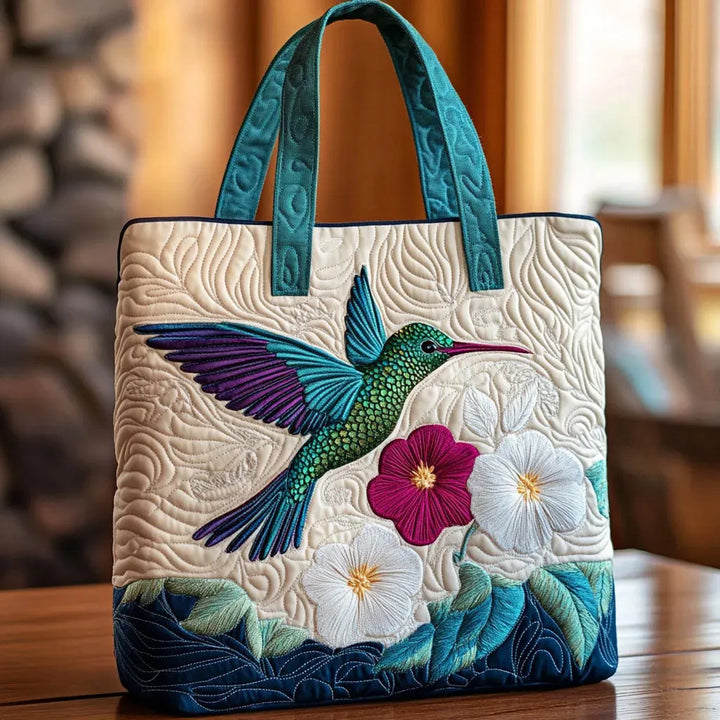Anneliese | Gesteppte Tragetasche mit Motiv Kolibri und Weiße Blumen