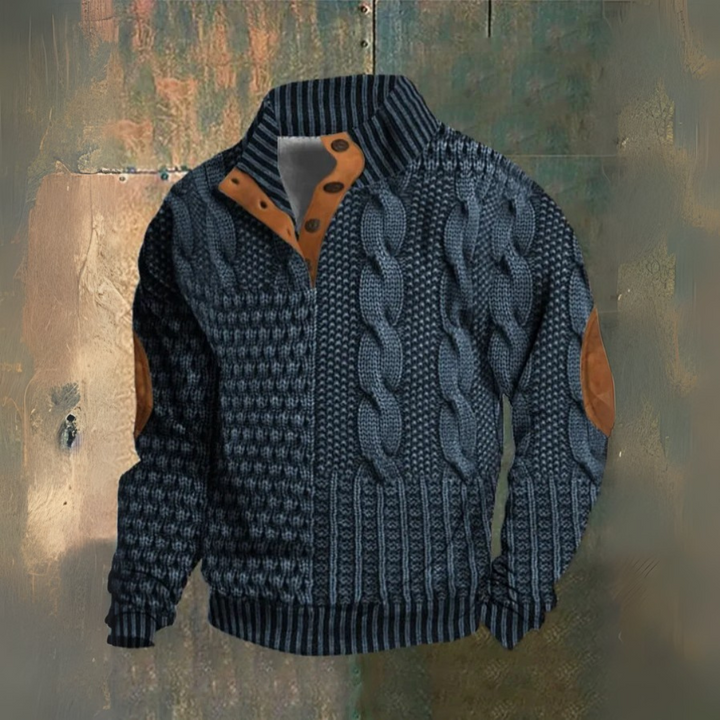 Walter | Dunkelblauer Zopfmuster-Pullover mit hohem Kragen