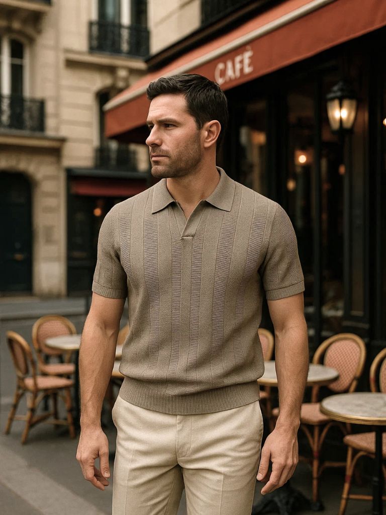 Klaus | Beiges Strick-Poloshirt mit Struktur
