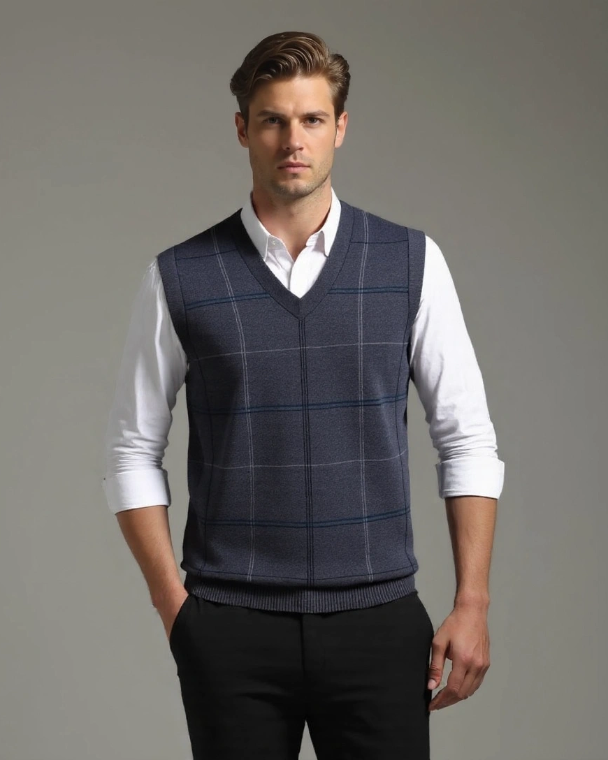 Philipp | Dunkelblauer karierter Strickpullunder
