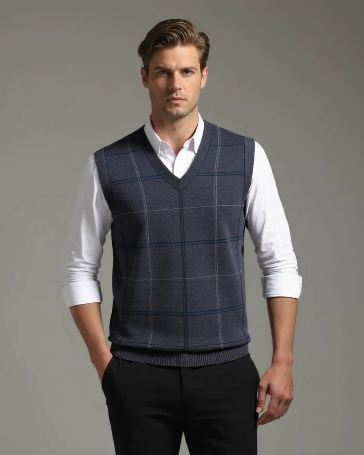Philipp | Dunkelblauer karierter Strickpullunder