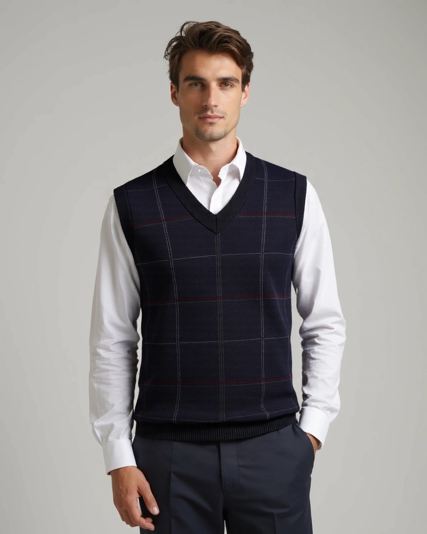 Philipp | Dunkelblauer karierter Strickpullunder