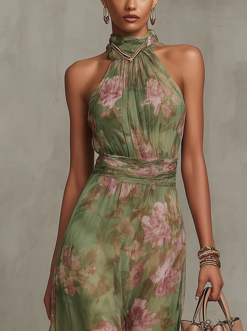 Emma | Maxikleid Chiffon mit Blumenmuster grün mit rückenfrei