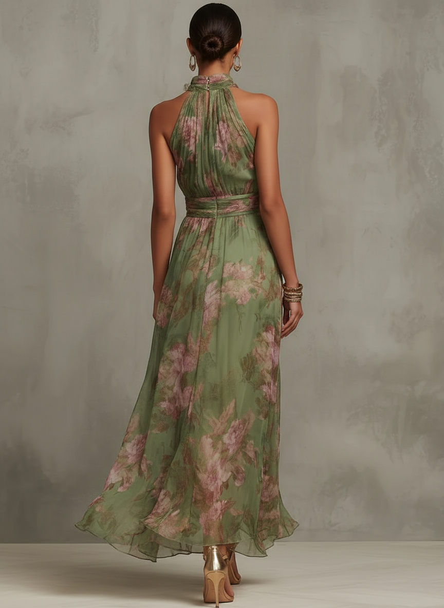 Emma | Maxikleid Chiffon mit Blumenmuster grün mit rückenfrei