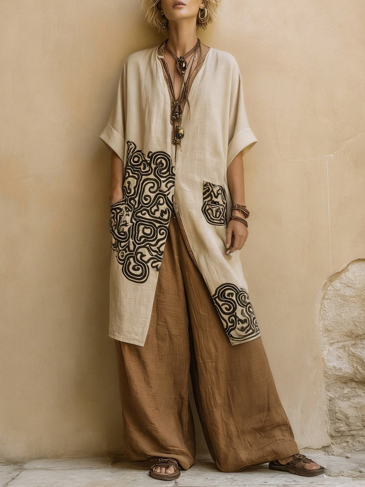Elisabeth | Dreiteiliges Set aus dunkelgrau und braun mit Tribalprint