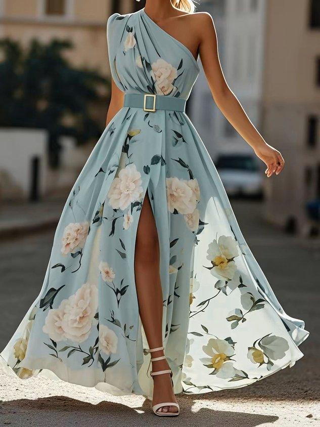 Amelie | Maxikleid Chiffon mit Blumenmuster mit freien Schultern hellgrün