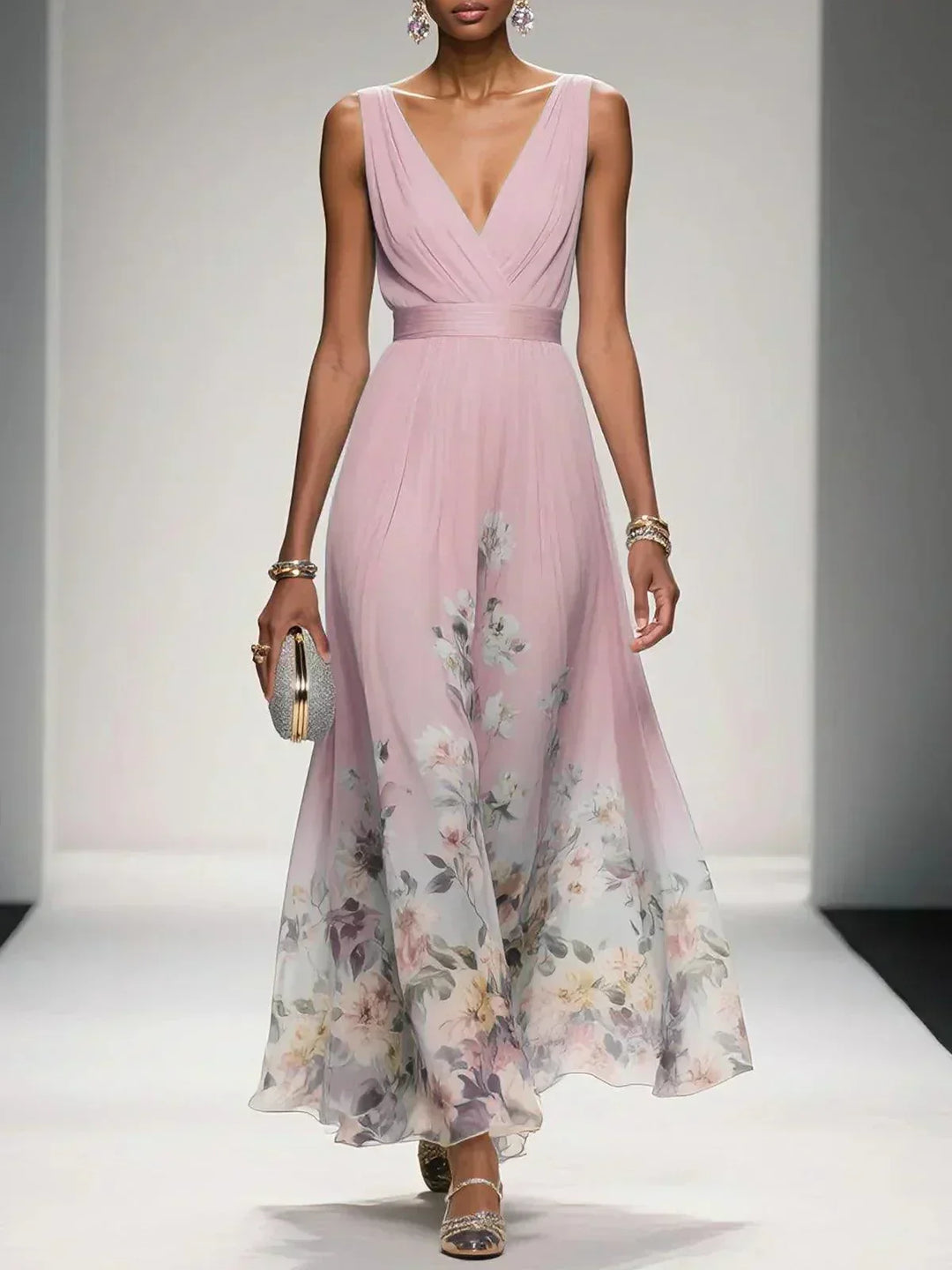 Paula | Maxikleid aus Chiffon mit Blumen hellblau und V-Ausschnitt