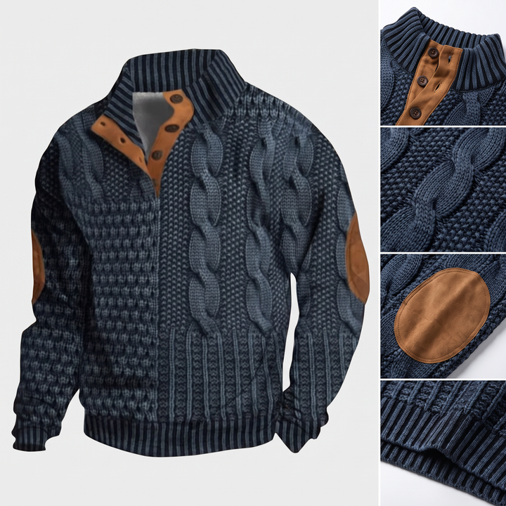 Walter | Dunkelblauer Zopfmuster-Pullover mit hohem Kragen