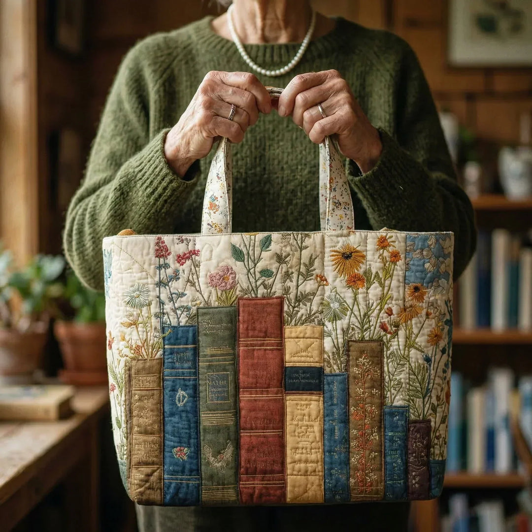 Anna | Gesteppte Tragetasche mit Motiv Bücher und Wildblumen
