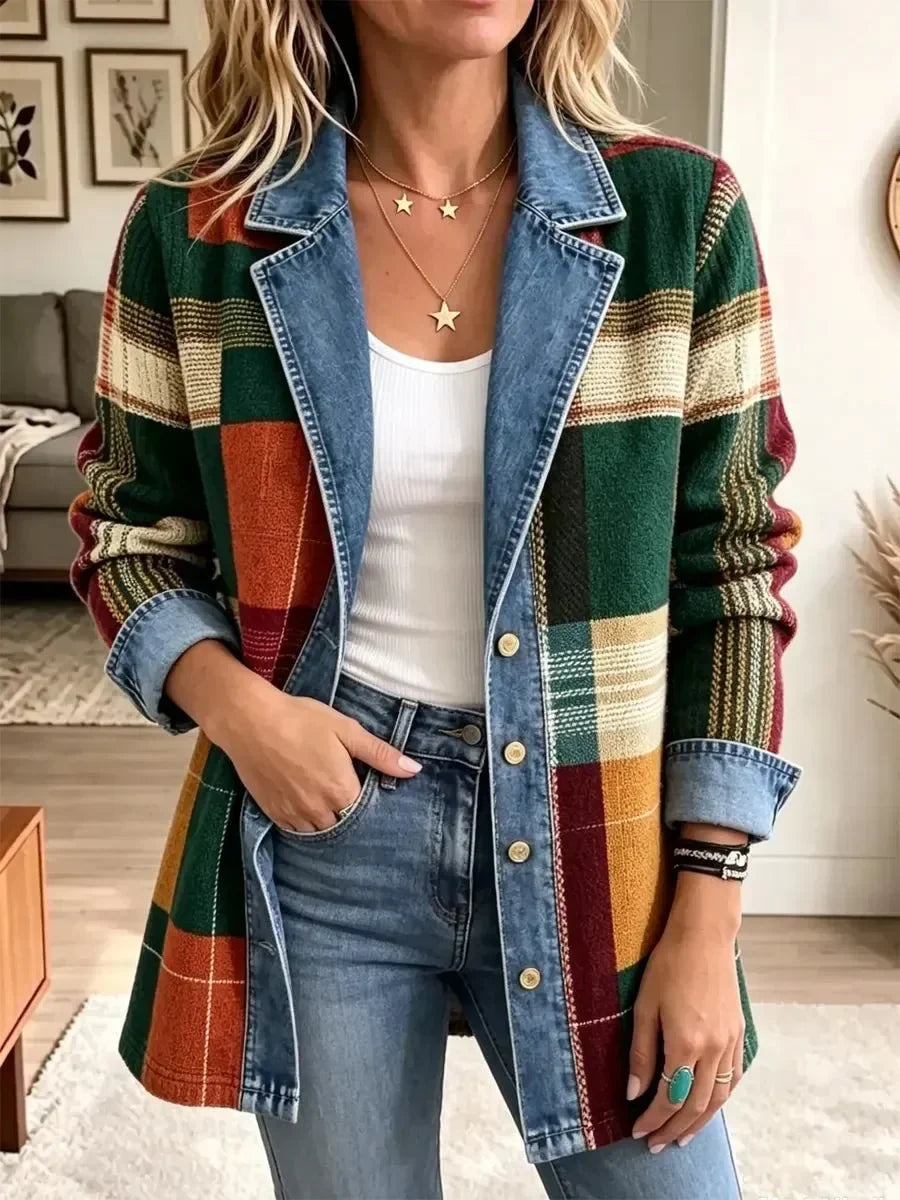 Luisa | Retro-Jeansjacke mit kunstvollem Karomuster