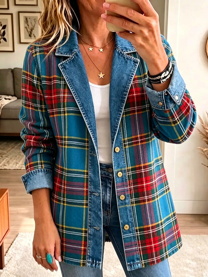 Lena | Jeansblazer mit Tartan-Patchwork