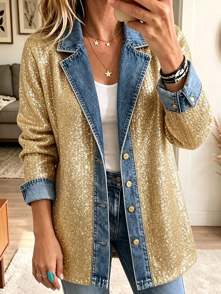 Greta | Patchwork-Jeansjacke mit goldenem Glitzer