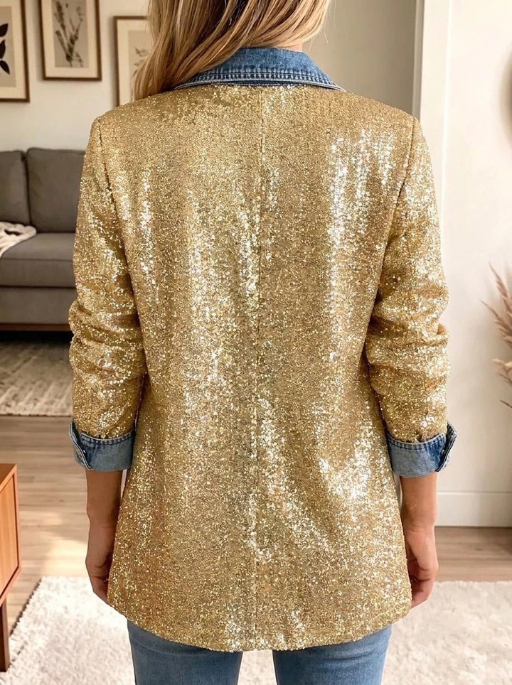 Greta | Patchwork-Jeansjacke mit goldenem Glitzer