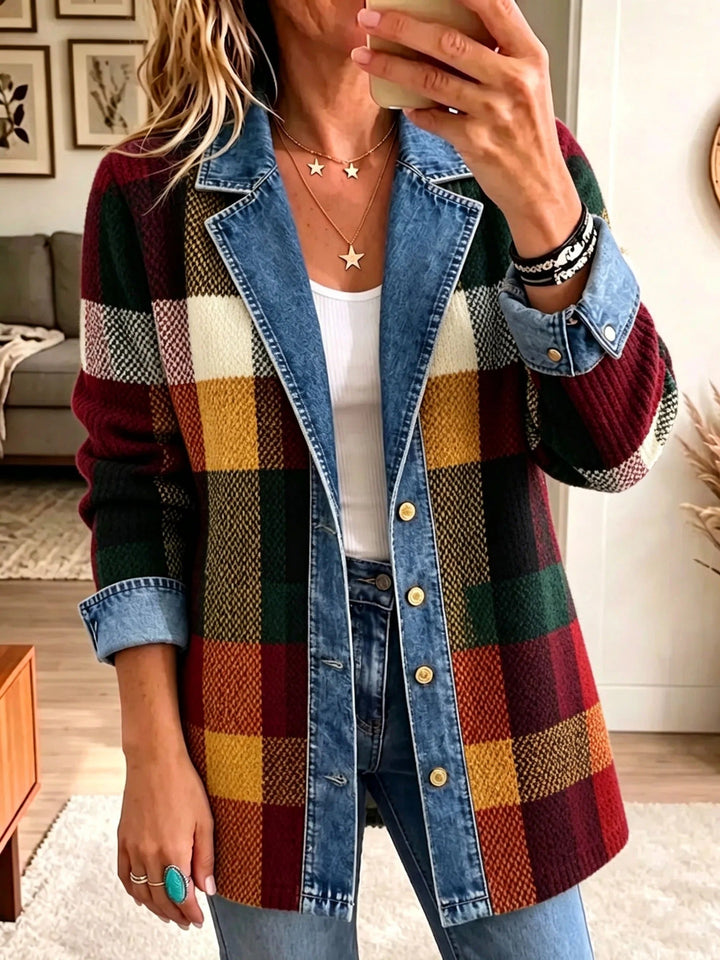 Anneliese | Jeansjacke mit Karomuster und kontrastierenden Farbflächen