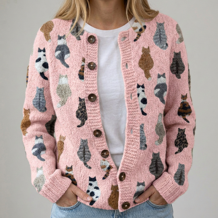 Flora | Bequeme Strickjacke mit Katzenmuster