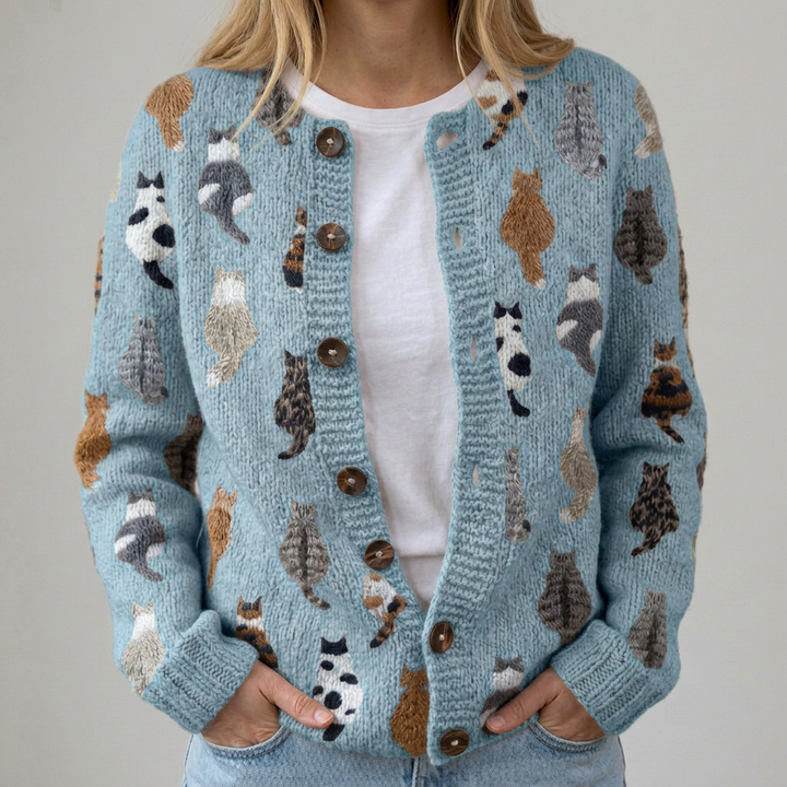 Flora | Bequeme Strickjacke mit Katzenmuster