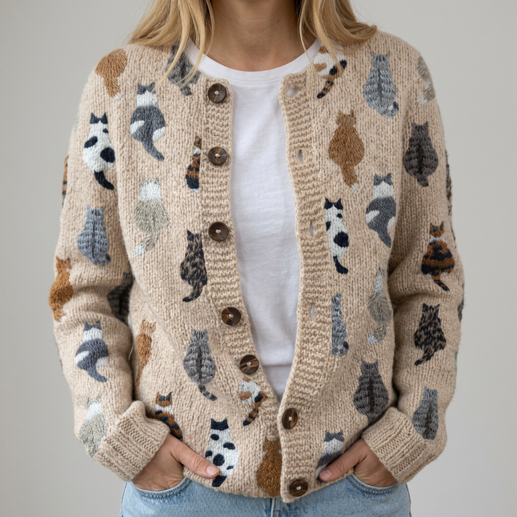 Flora | Bequeme Strickjacke mit Katzenmuster