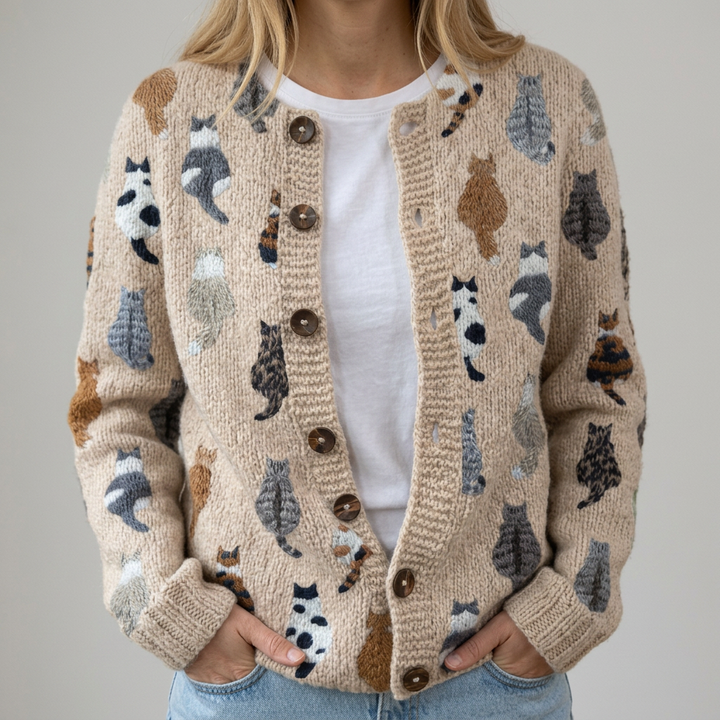 Flora | Bequeme Strickjacke mit Katzenmuster