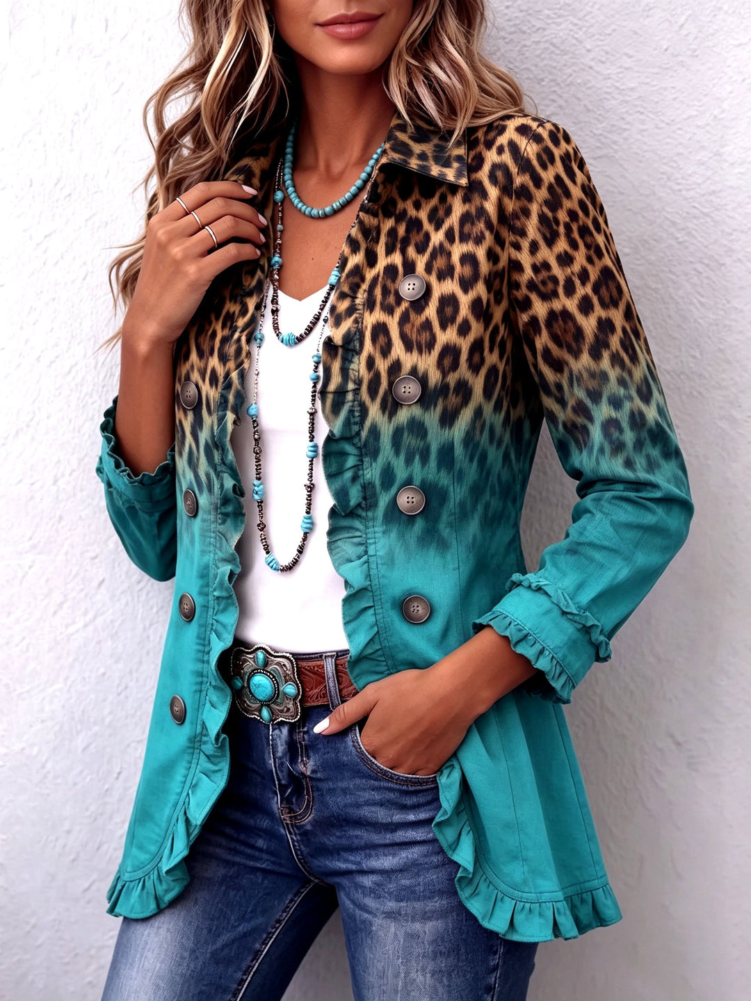 Stefanie | Blazerjacke mit Leoparden-Ombré und Rüschen