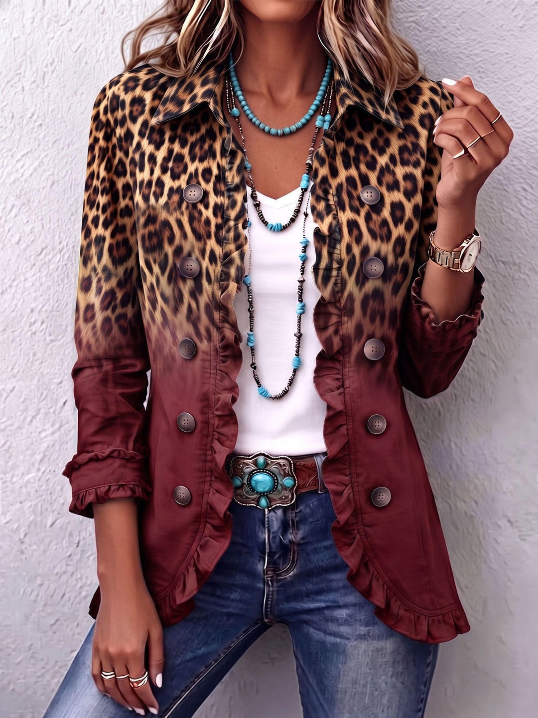 Stefanie | Blazerjacke mit Leoparden-Ombré und Rüschen