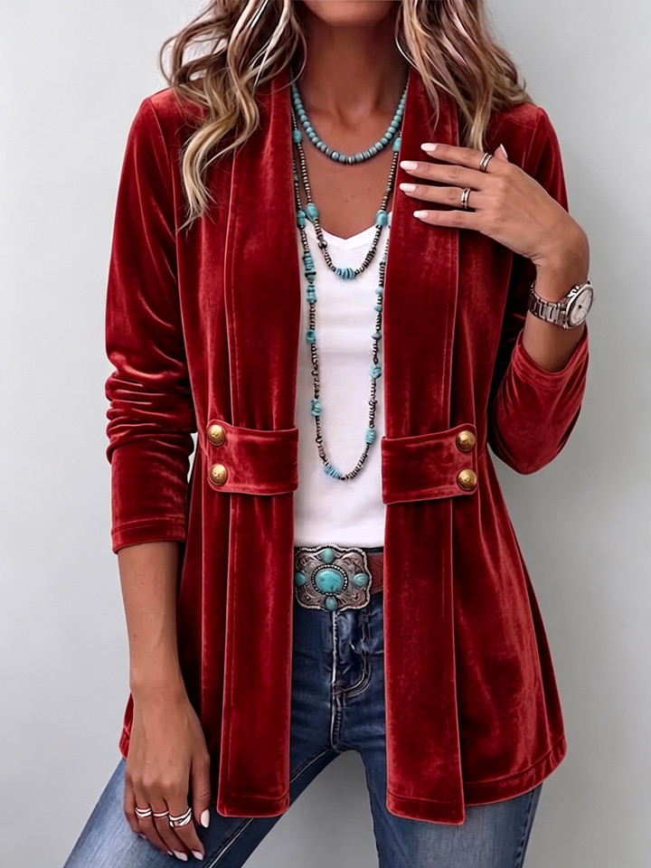 Annika | Lange Vintage-Jacke mit Revers und Knopfdetails