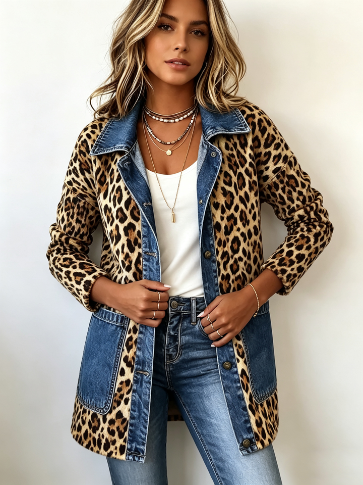 Heike | Lange Kontrastjacke mit Leopardenmuster und Jeansbesatz
