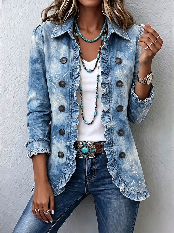 Christa | Vintage-Boho-Jacke mit botanischem Farbverlauf und Rüschen