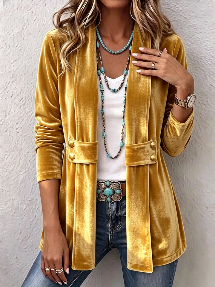 Annika | Lange Vintage-Jacke mit Revers und Knopfdetails