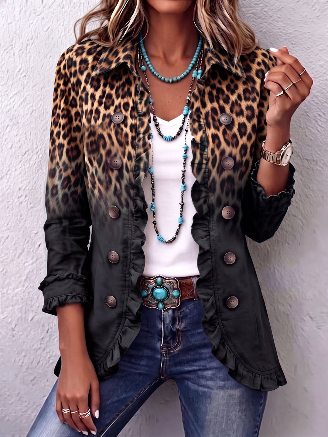 Nele | Blazerjacke mit Leopardenmuster, Farbverlauf und Rüschen
