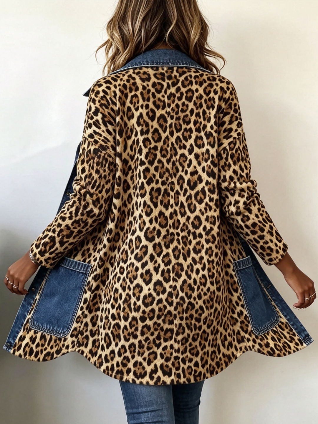 Heike | Lange Kontrastjacke mit Leopardenmuster und Jeansbesatz