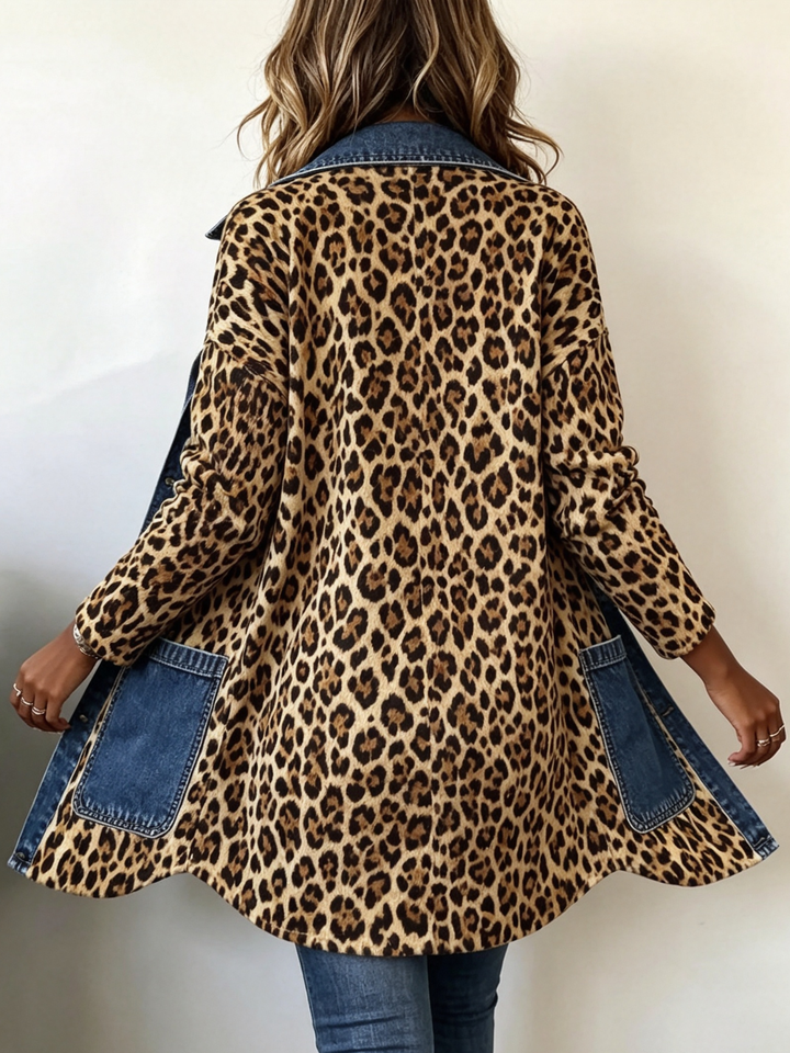 Heike | Lange Kontrastjacke mit Leopardenmuster und Jeansbesatz