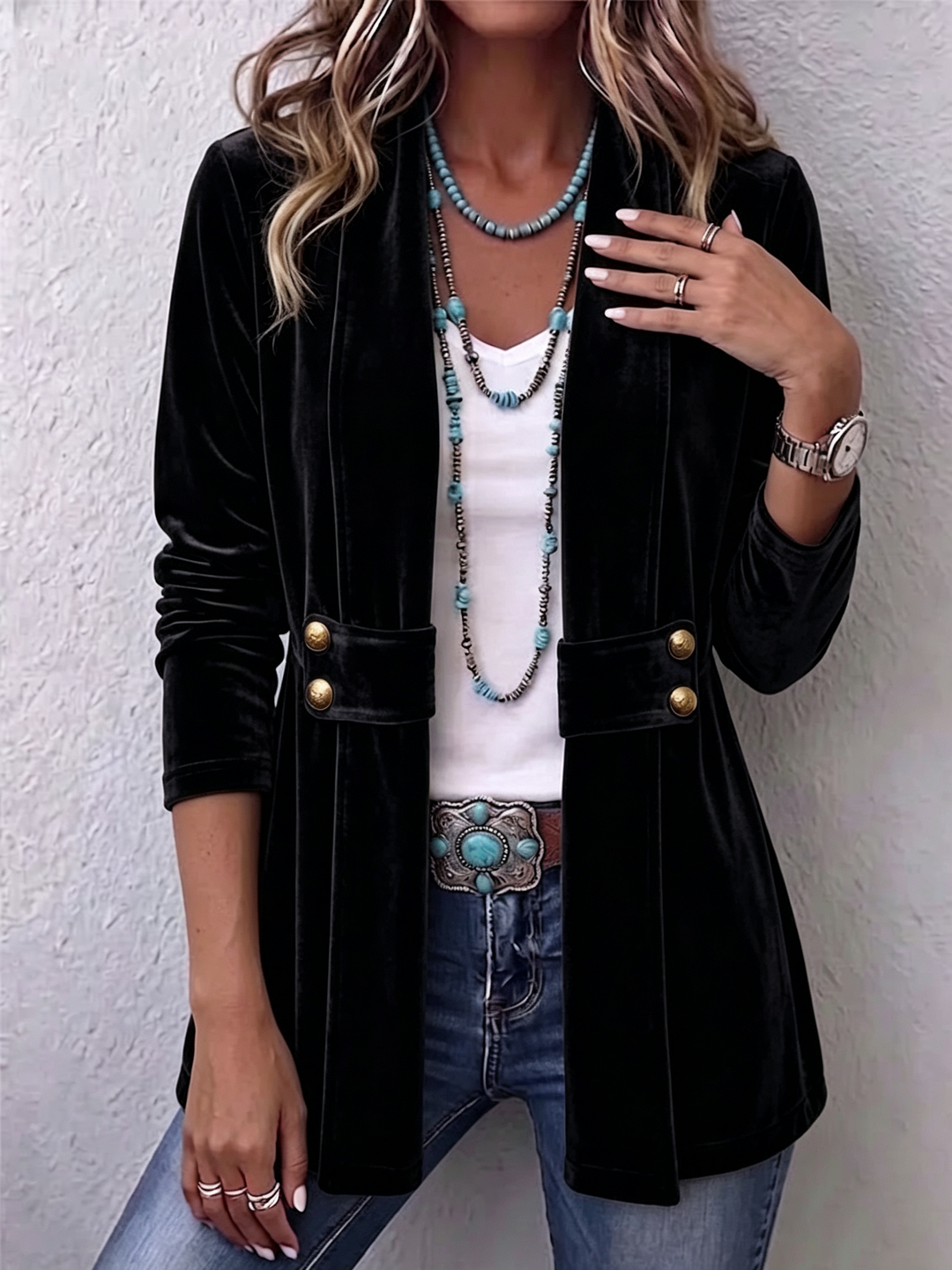 Annika | Lange Vintage-Jacke mit Revers und Knopfdetails