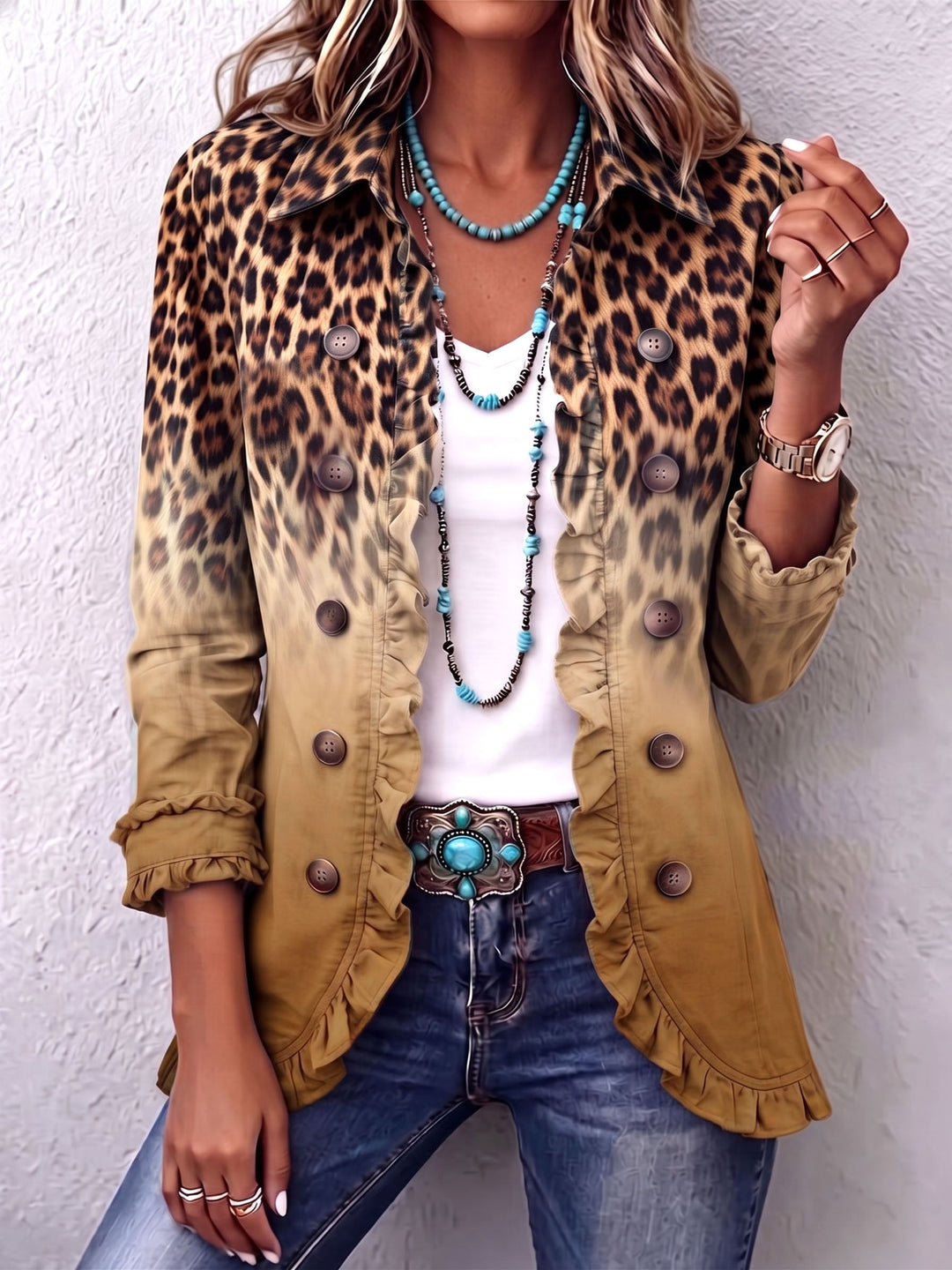 Stefanie | Blazerjacke mit Leoparden-Ombré und Rüschen